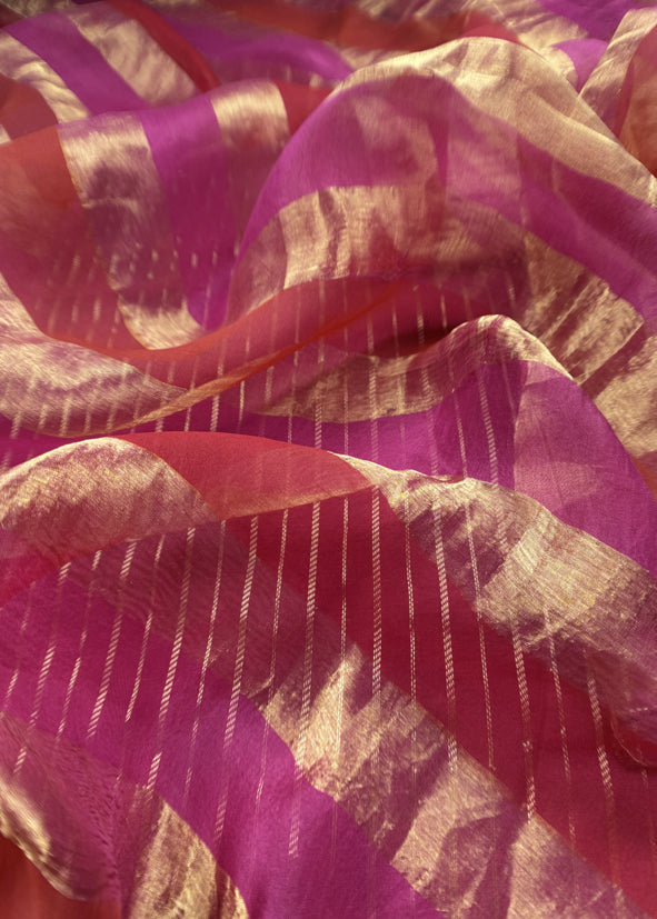 Blingy Pink Handloom Silk Kurta With Tissue Silk Double Panel Zari Dupatta