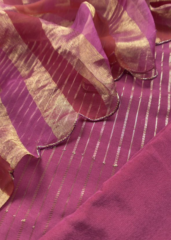 Blingy Pink Handloom Silk Kurta With Tissue Silk Double Panel Zari Dupatta