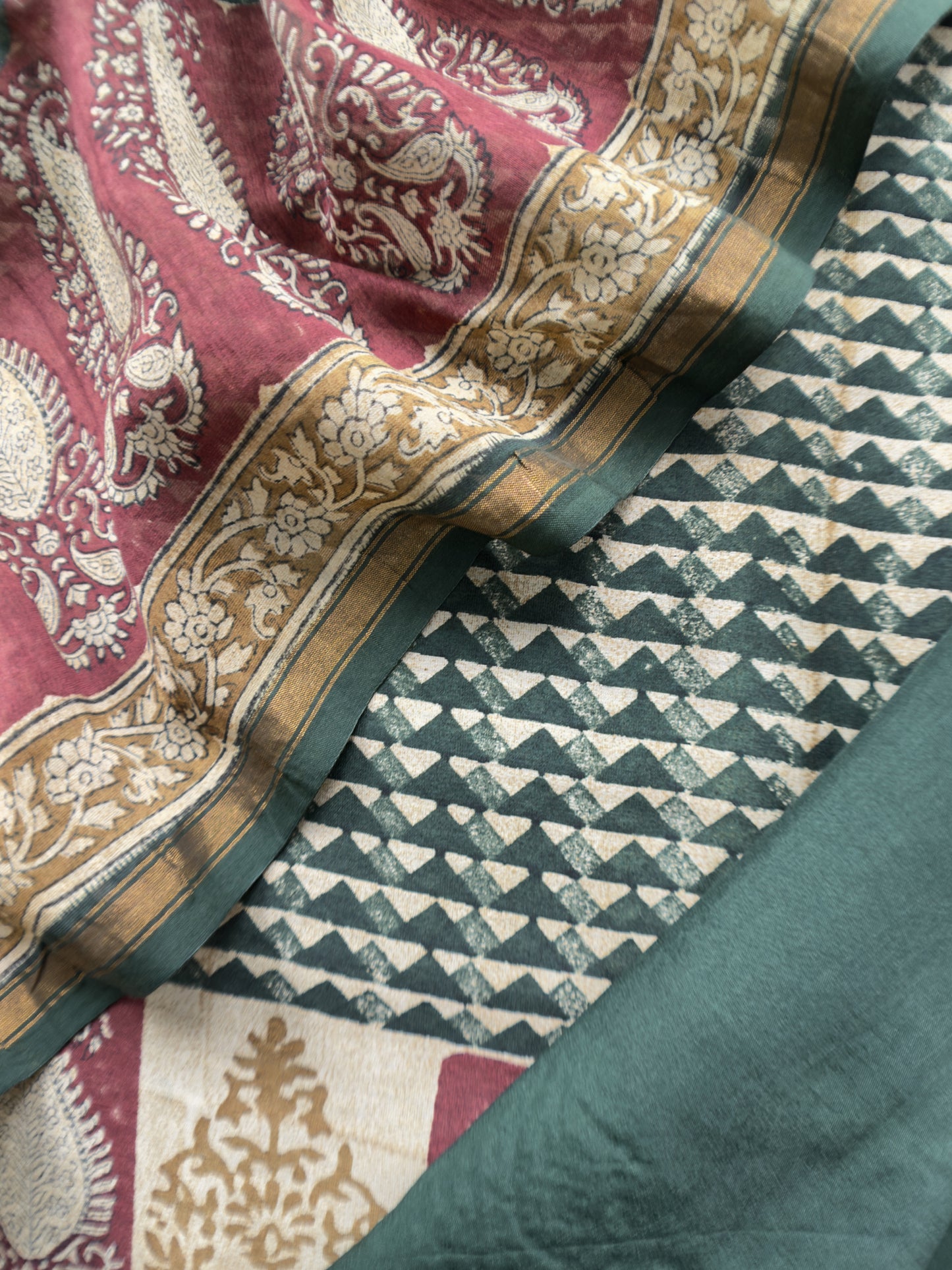 Green Handloom Maheshwari Silk Suit With Hand Block Print