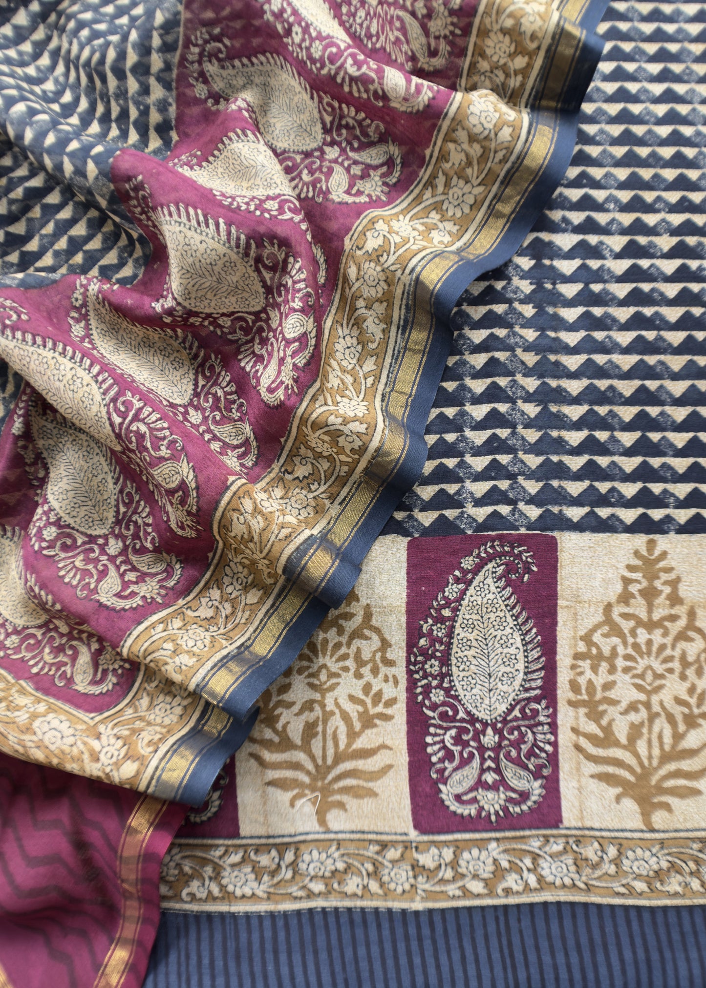Blue Handloom Maheshwari Silk Suit With Hand Block Print
