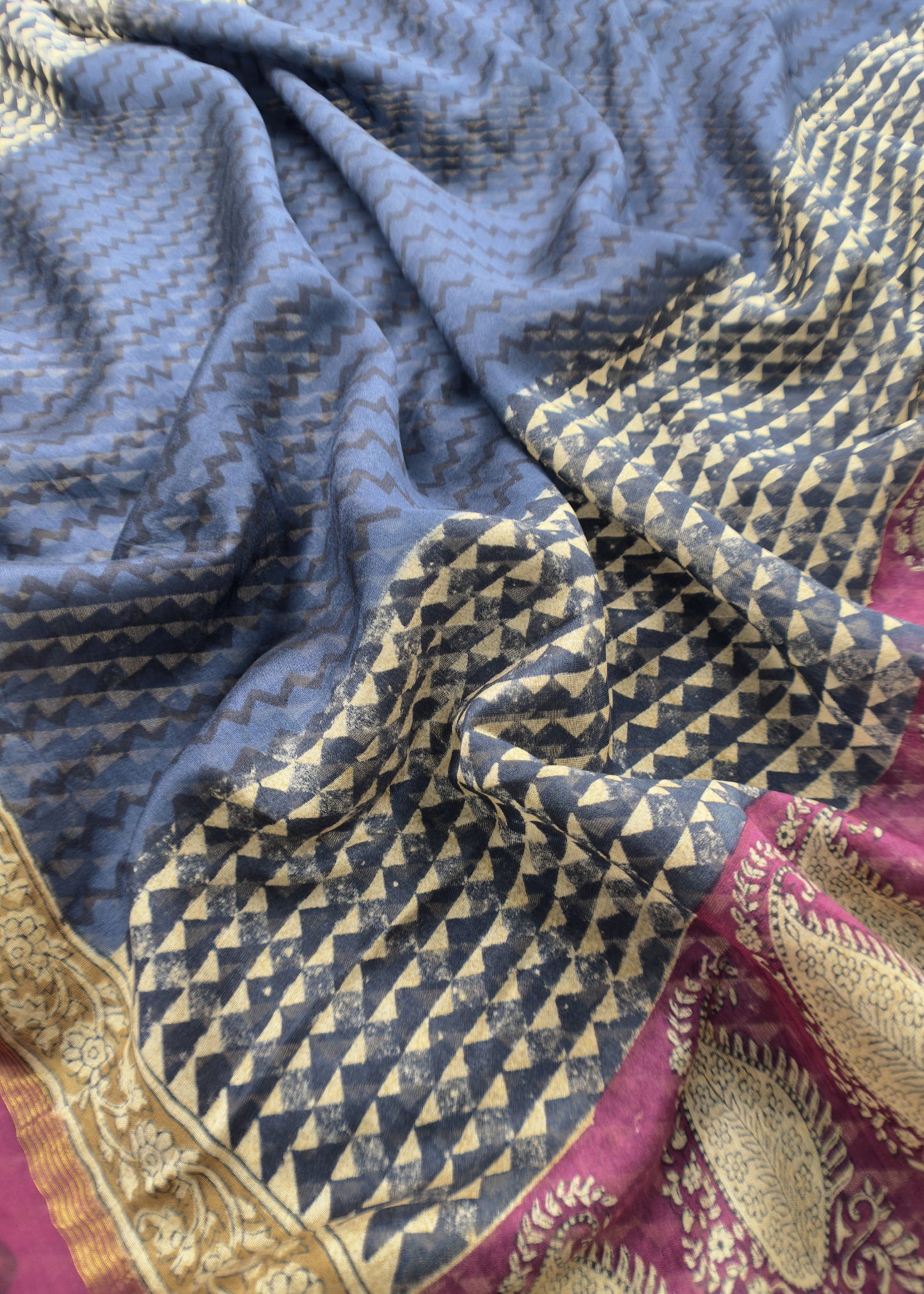 Blue Handloom Maheshwari Silk Suit With Hand Block Print