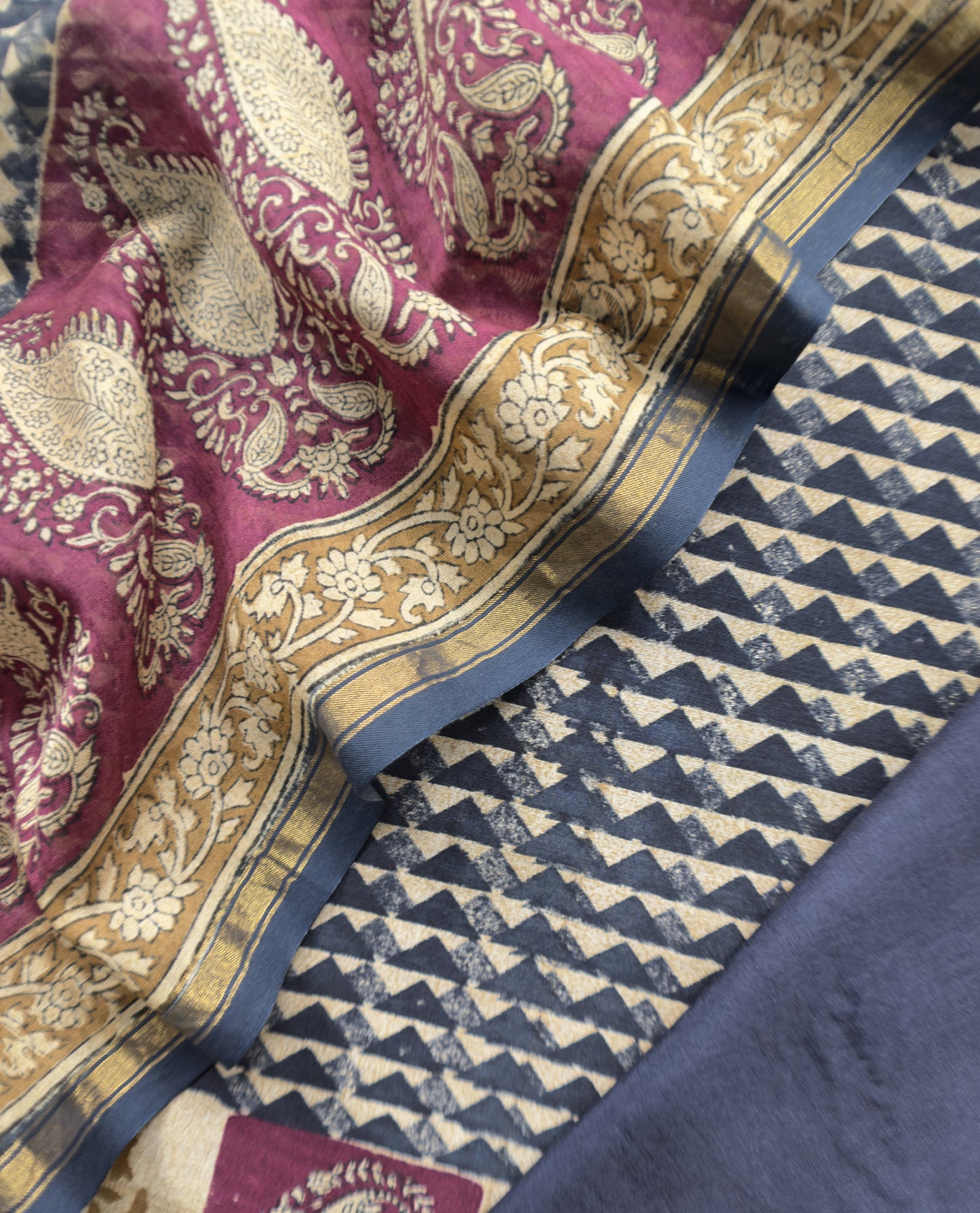Blue Handloom Maheshwari Silk Suit With Hand Block Print