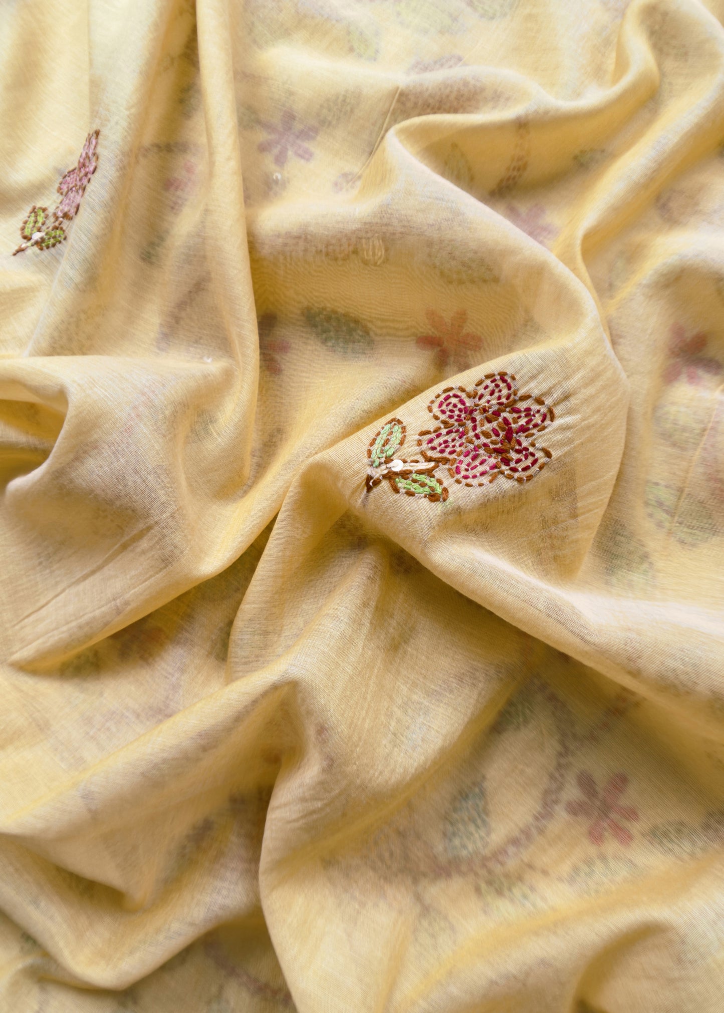Yellow Kantha Embroidered Suit In Pure Mul Chanderi