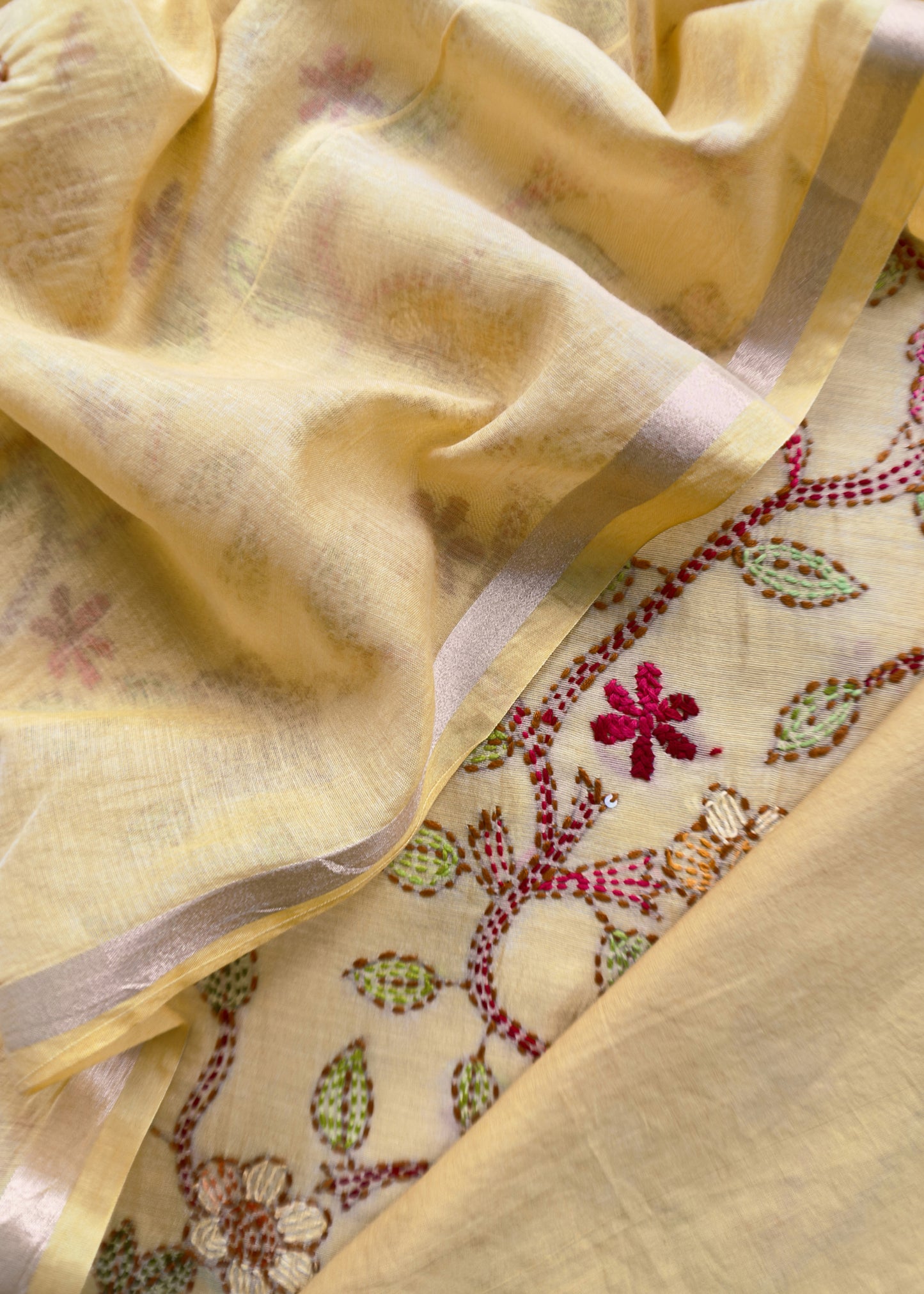 Yellow Kantha Embroidered Suit In Pure Mul Chanderi