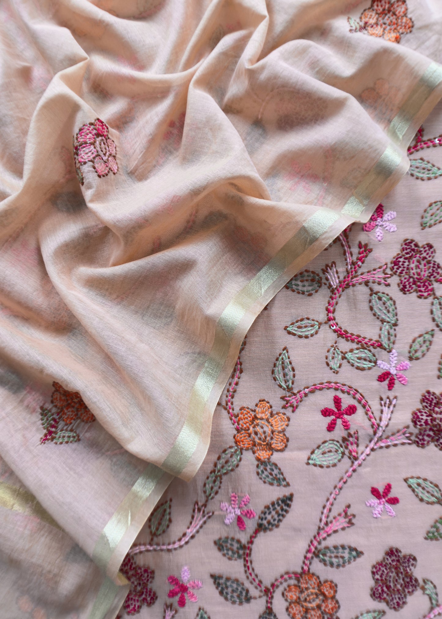Peach Kantha Embroidered Suit In Pure Mul Chanderi
