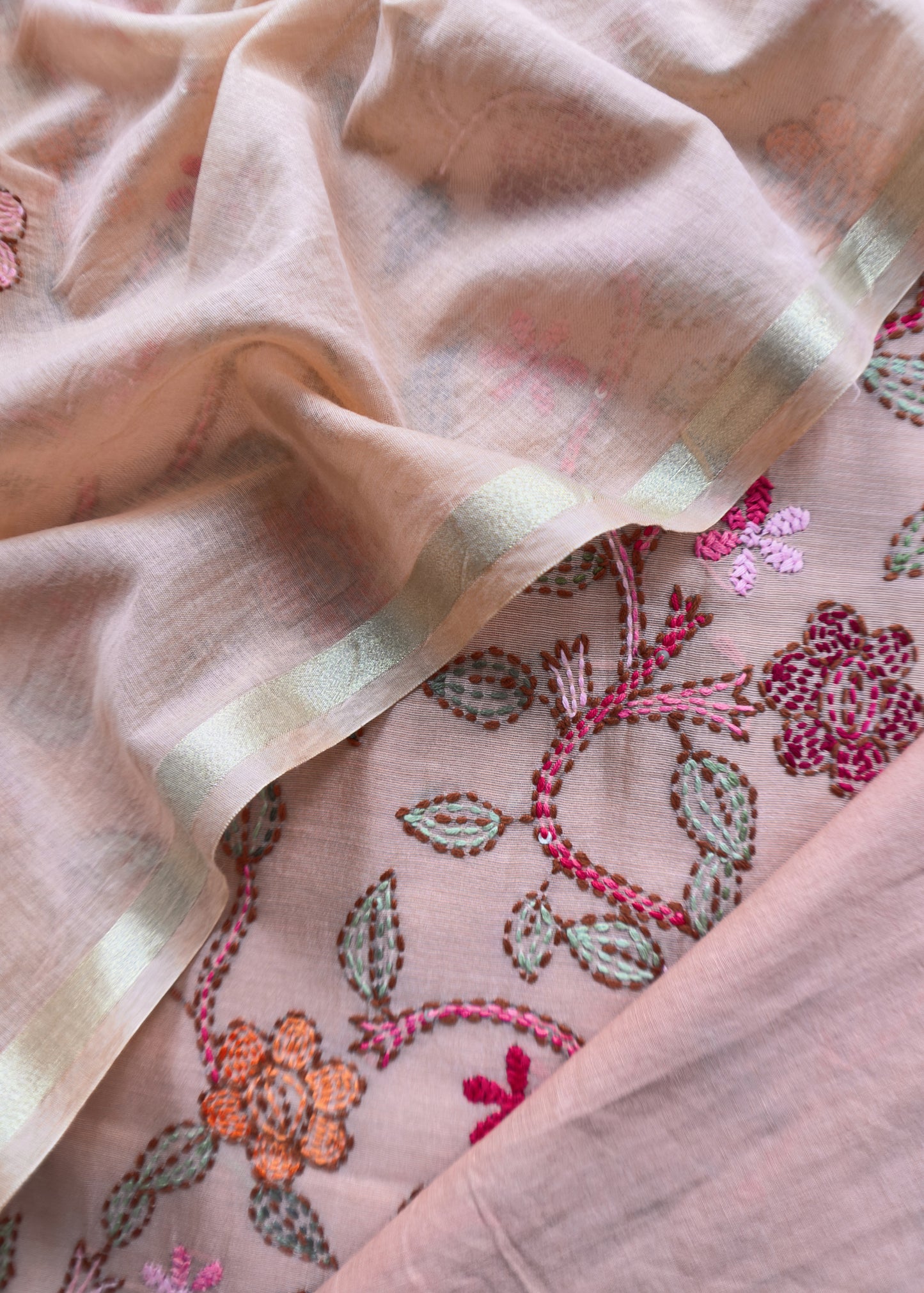 Peach Kantha Embroidered Suit In Pure Mul Chanderi