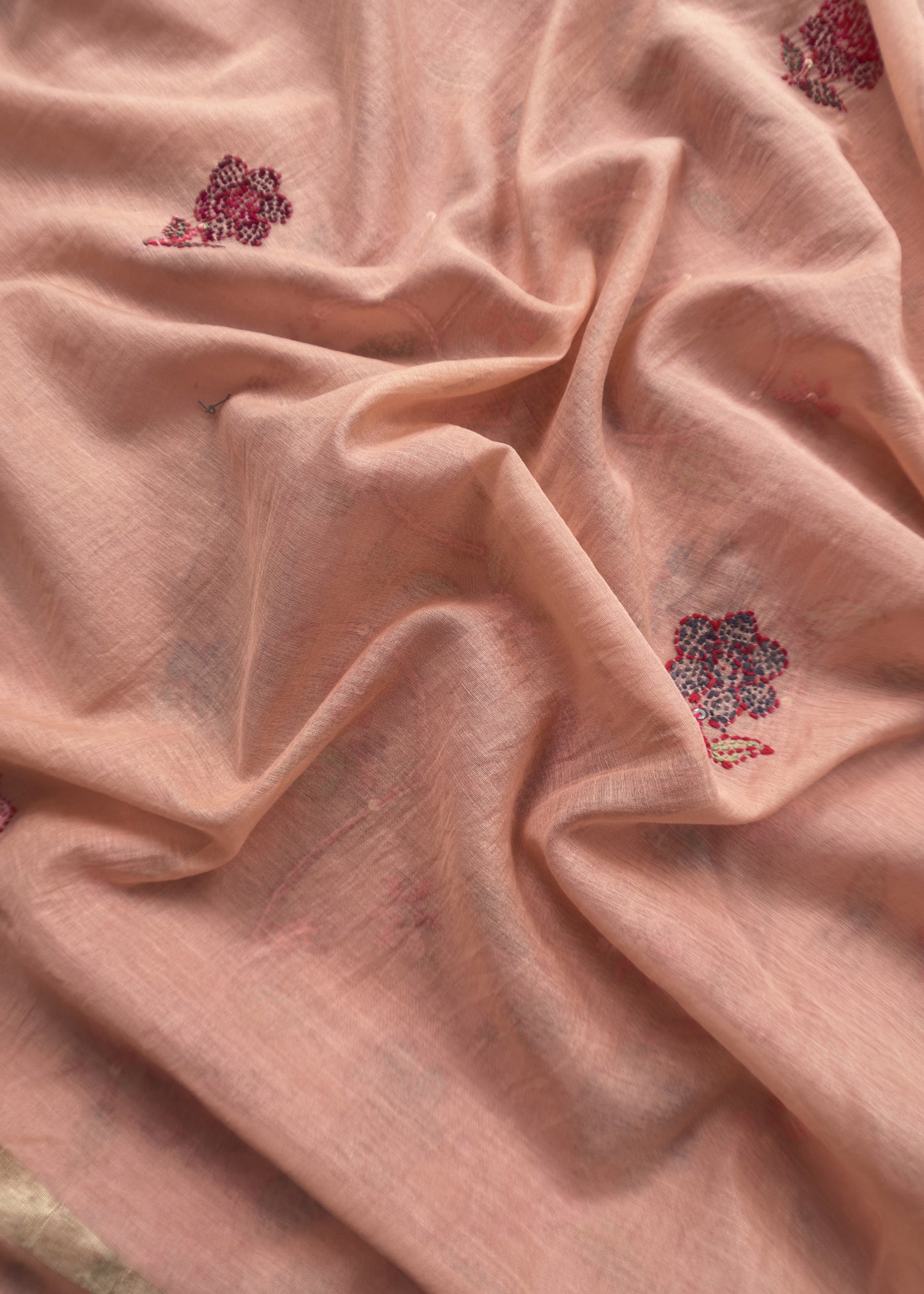 Pink Kantha Embroidered Suit In Pure Mul Chanderi