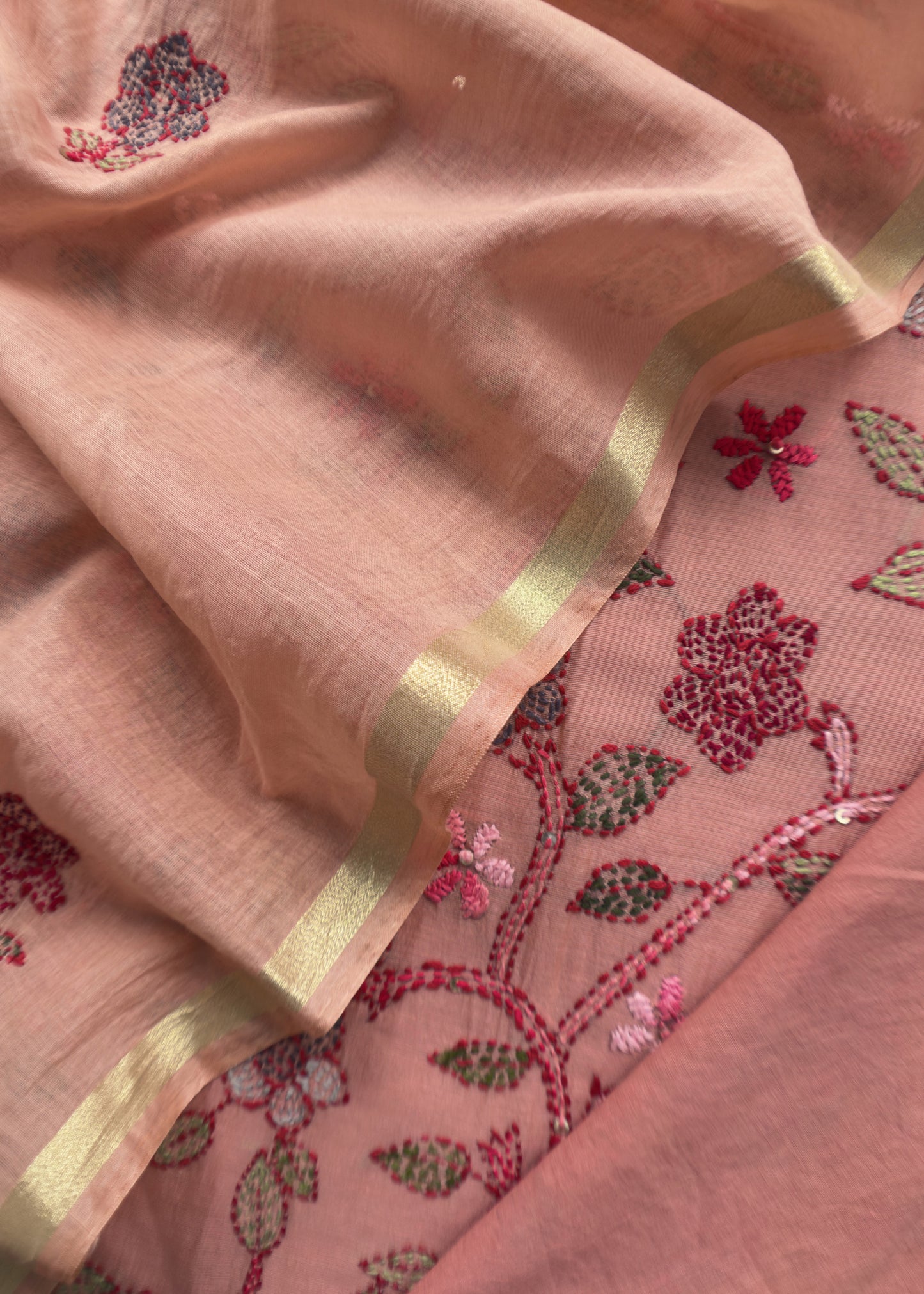 Pink Kantha Embroidered Suit In Pure Mul Chanderi