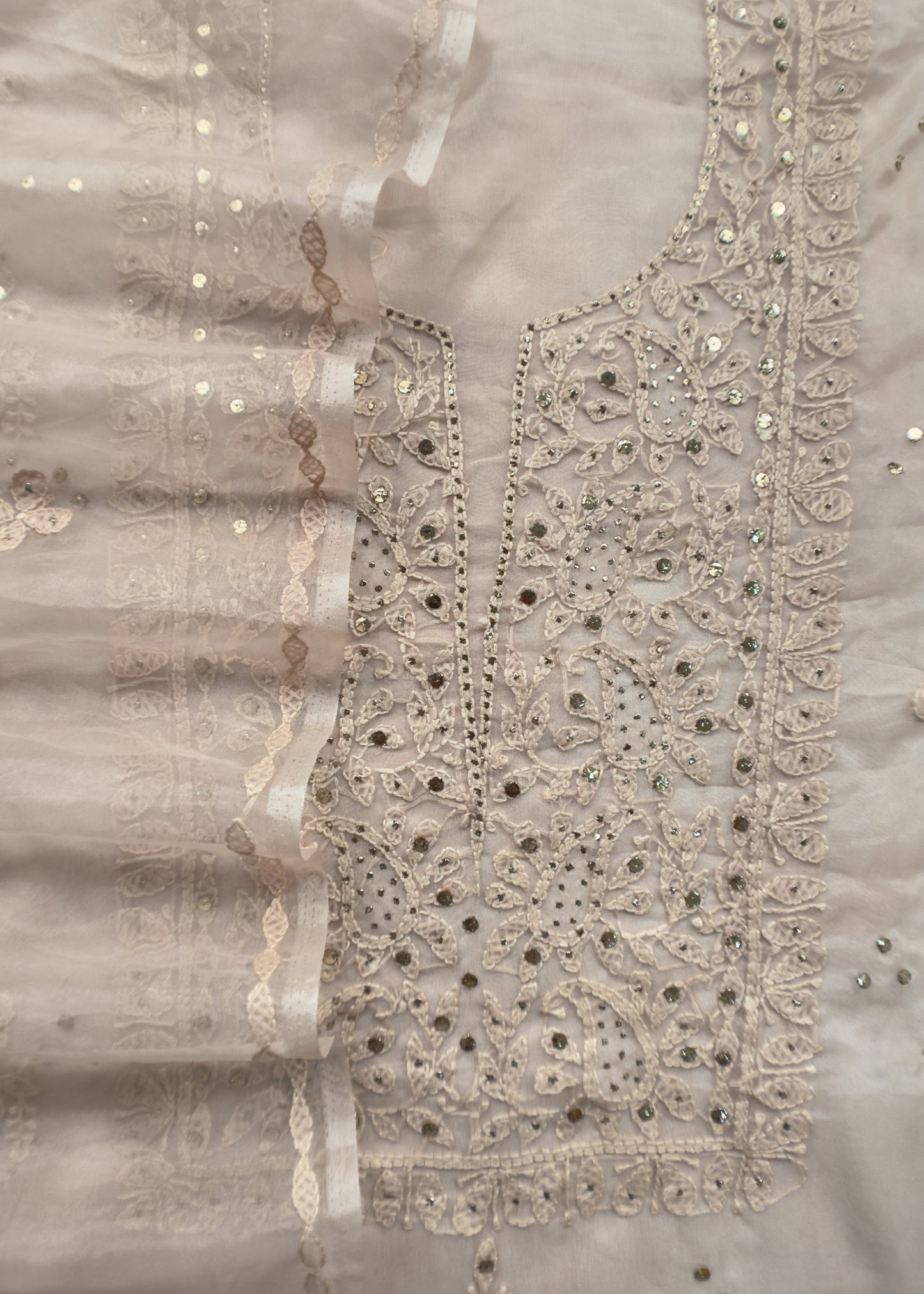 Beige Cream Organza Suit with Lakhnavi Embroidery and Pitta Work