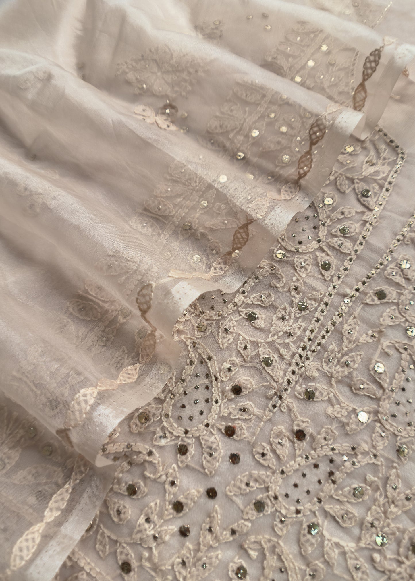 Beige Cream Organza Suit with Lakhnavi Embroidery and Pitta Work