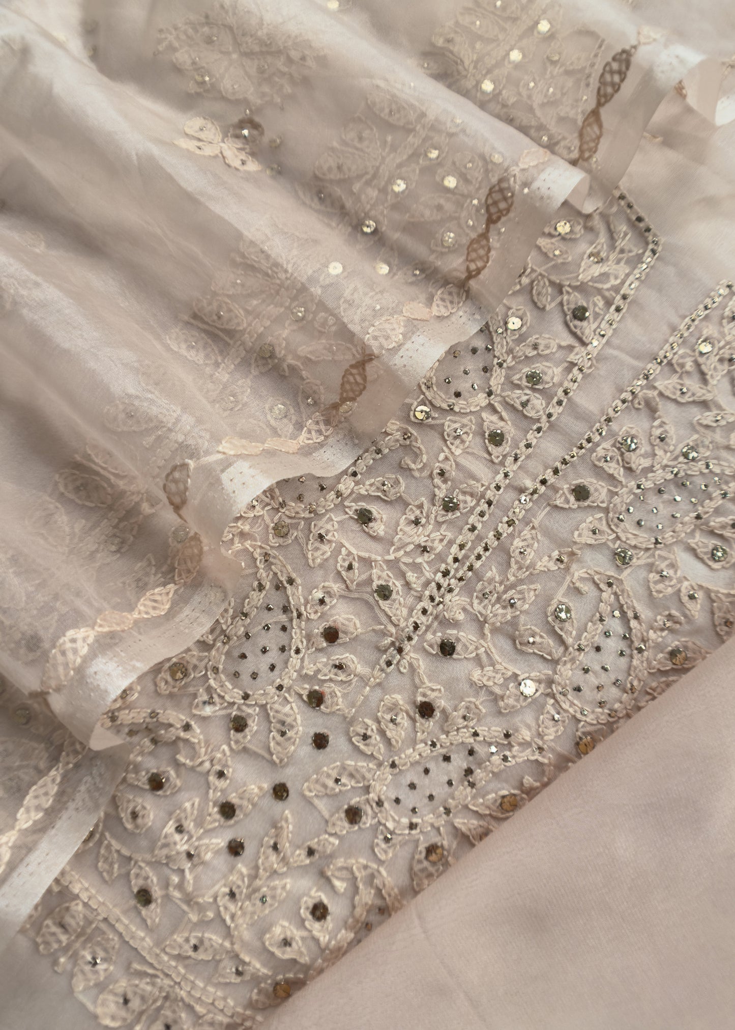 Beige Cream Organza Suit with Lakhnavi Embroidery and Pitta Work