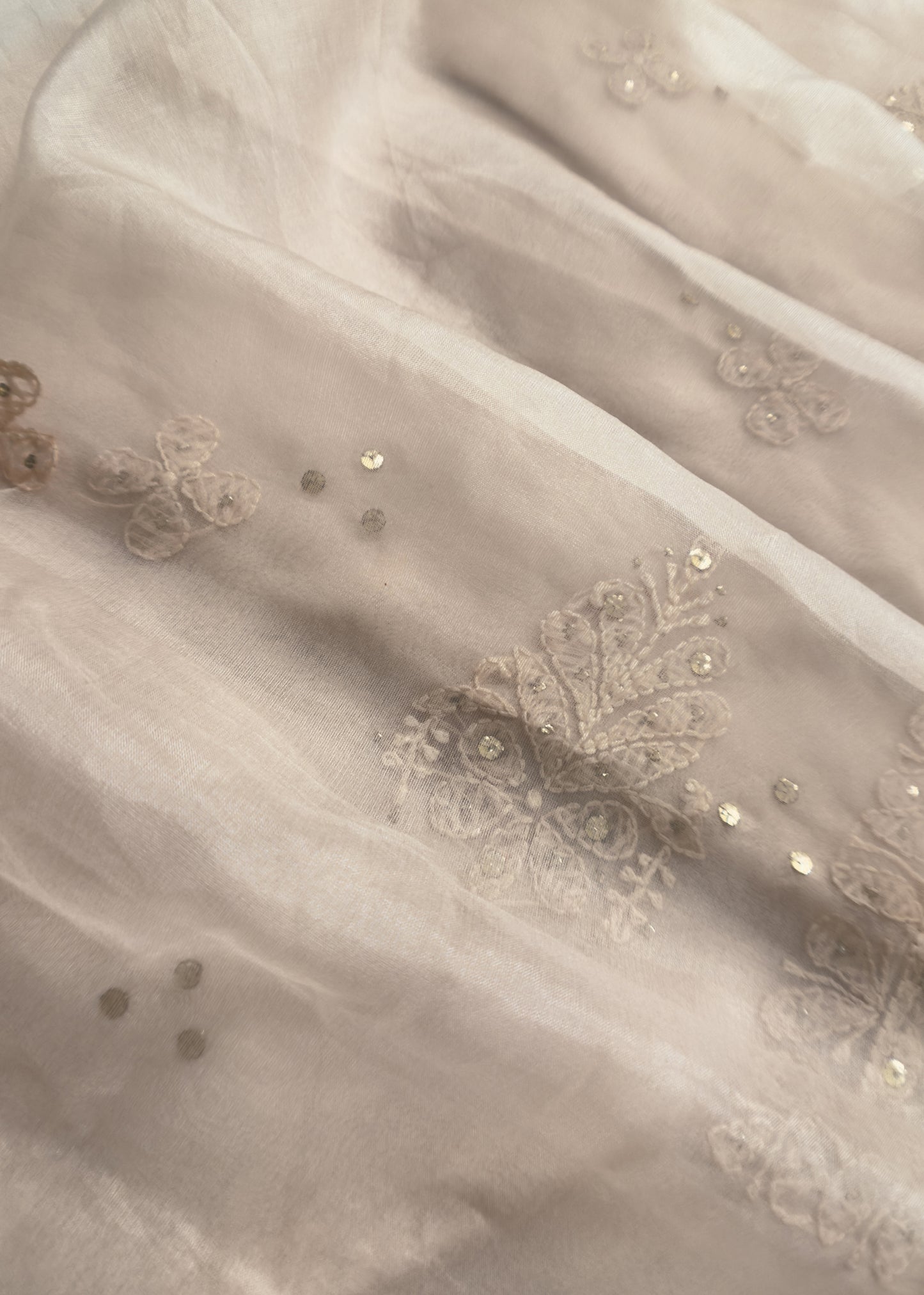Beige Cream Organza Suit with Lakhnavi Embroidery and Pitta Work