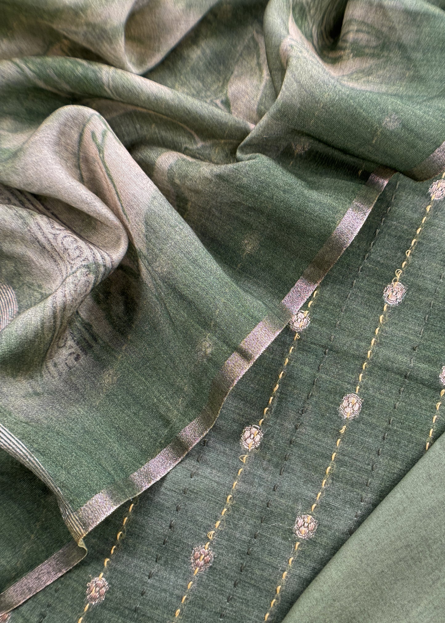 Forest Green Pure Chanderi Unstitched Suit With Banarasi Weaving And Digital Print