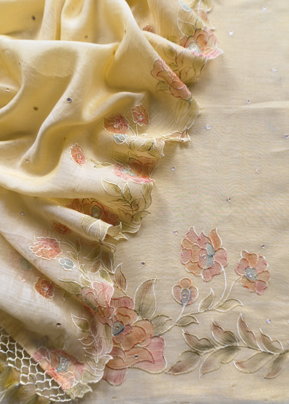 Lemon Yellow Pure Mul Chanderi Suit With Mirror Embroidery