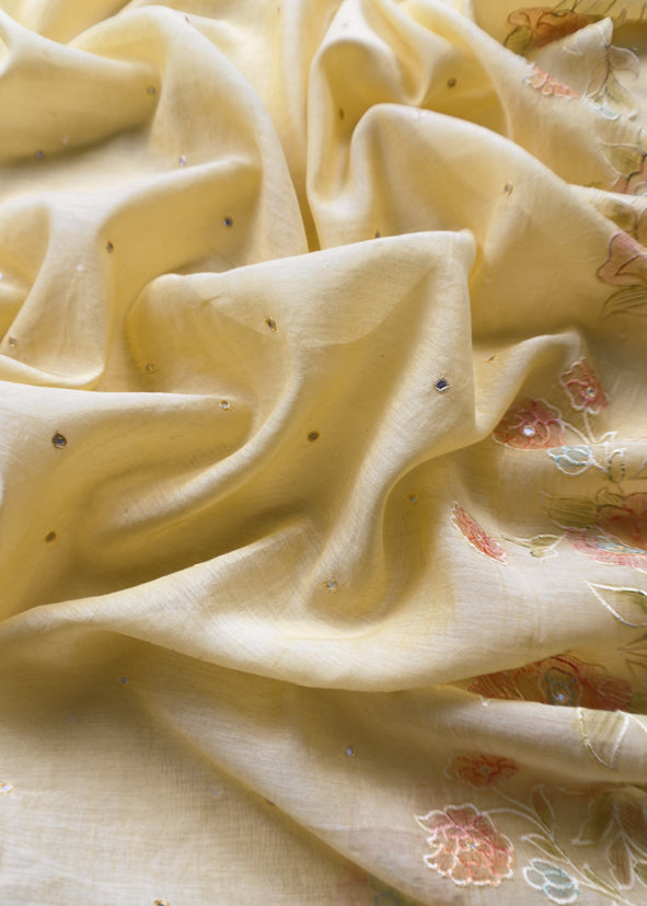Lemon Yellow Pure Mul Chanderi Suit With Mirror Embroidery