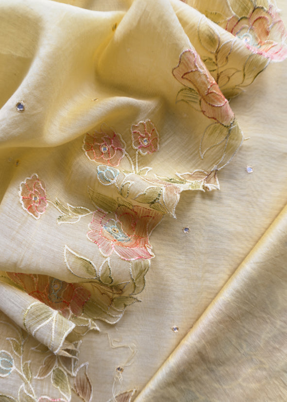 Lemon Yellow Pure Mul Chanderi Suit With Mirror Embroidery