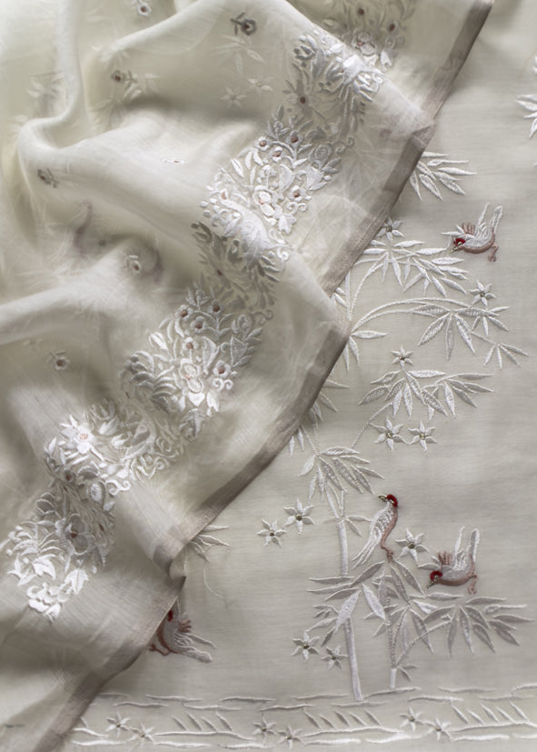 White Chidiya Embroidered Unstitched Suit In Pure Organza