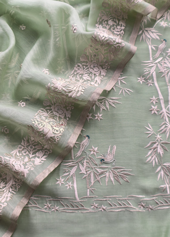 Mint Green Chidiya Embroidered Unstitched Suit In Pure Organza