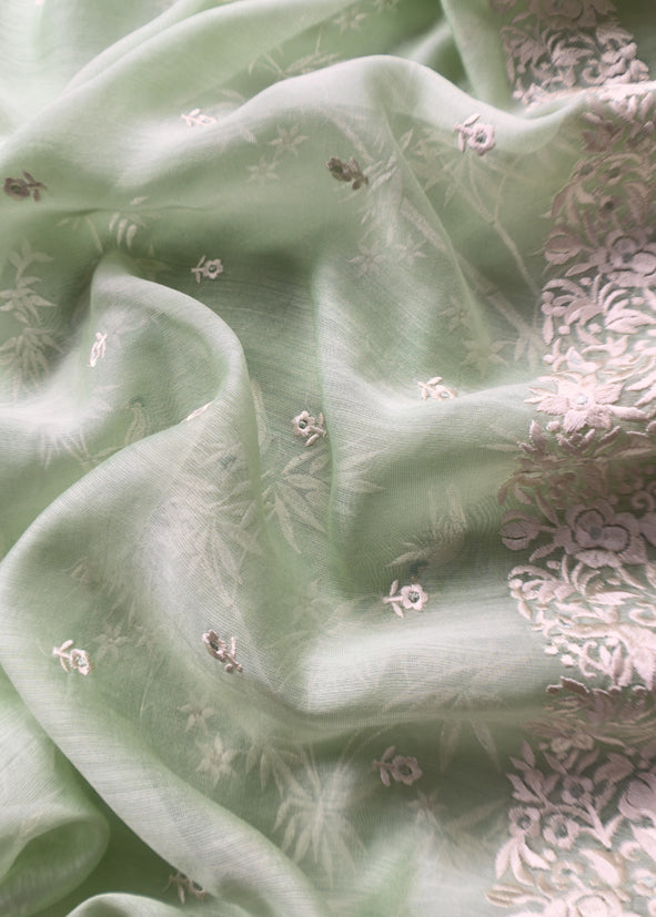 Mint Green Chidiya Embroidered Unstitched Suit In Pure Organza
