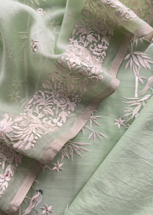 Mint Green Chidiya Embroidered Unstitched Suit In Pure Organza