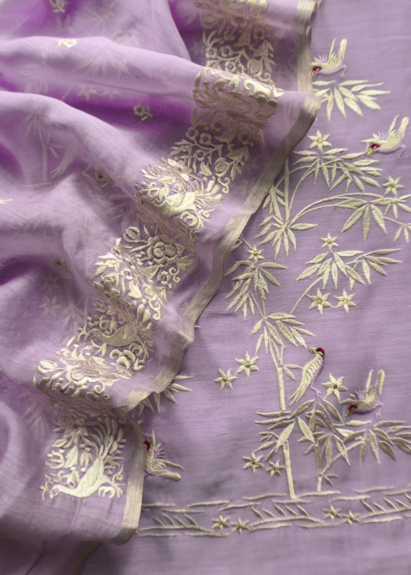 Lavender Chidiya Embroidered Unstitched Suit In Pure Organza