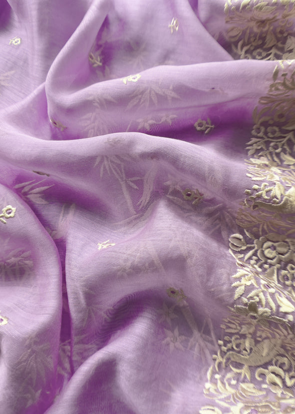 Lavender Chidiya Embroidered Unstitched Suit In Pure Organza