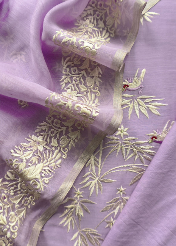 Lavender Chidiya Embroidered Unstitched Suit In Pure Organza