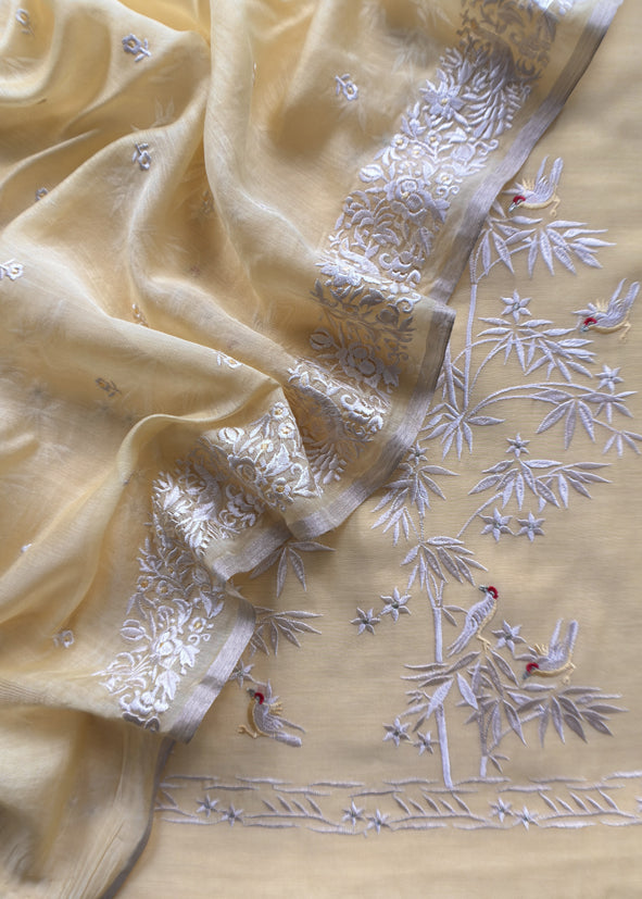 Buttercream yellow Chidiya Embroidered Unstitched Suit In Pure Organza