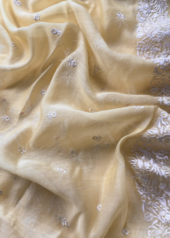 Buttercream yellow Chidiya Embroidered Unstitched Suit In Pure Organza