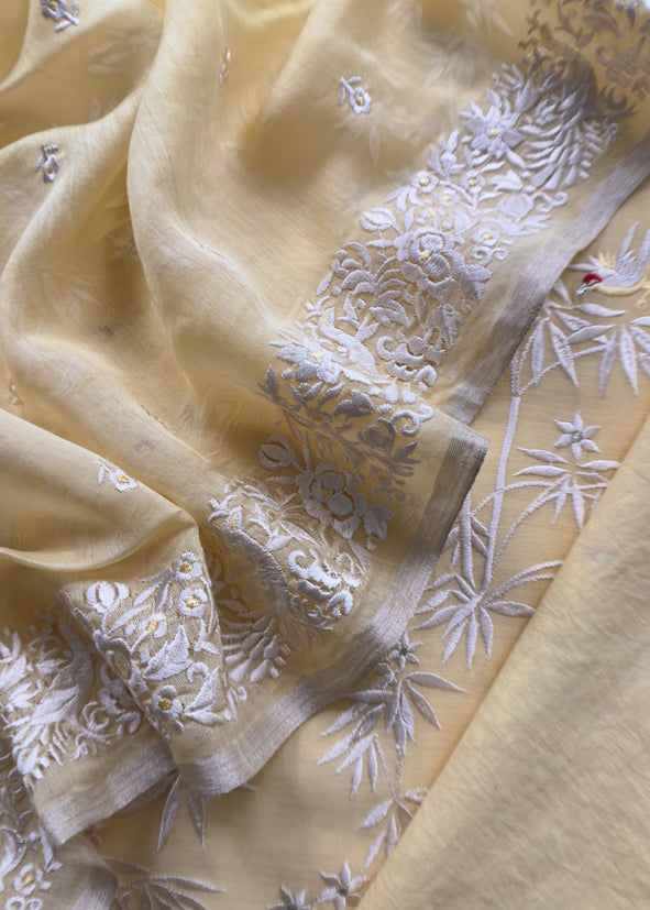 Buttercream yellow Chidiya Embroidered Unstitched Suit In Pure Organza