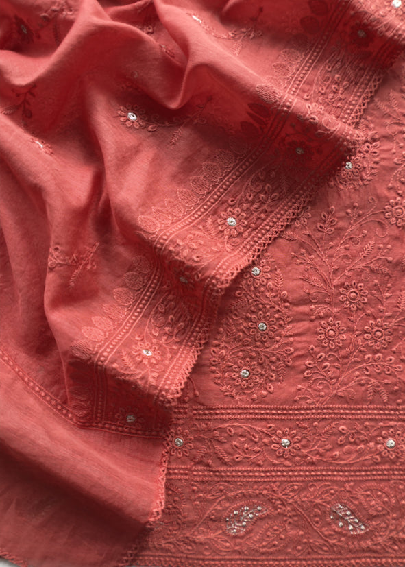 Desire Red Chikankari Embroidered Mul Cotton Unstitched Suit Fabric