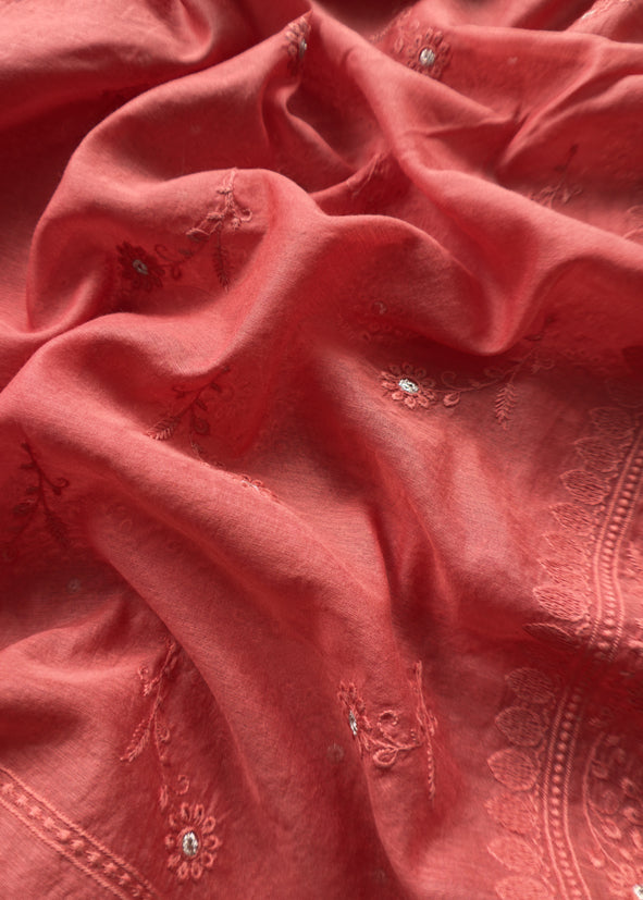 Desire Red Chikankari Embroidered Mul Cotton Unstitched Suit Fabric