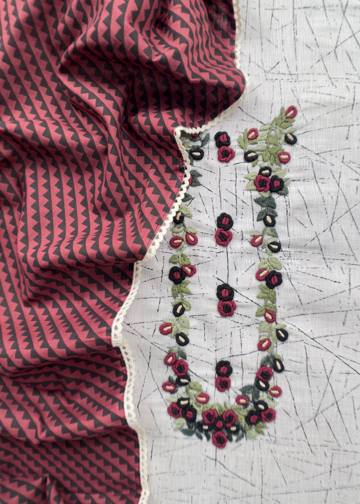 White Pure Linen Cotton Suit With French Knot Embroidery