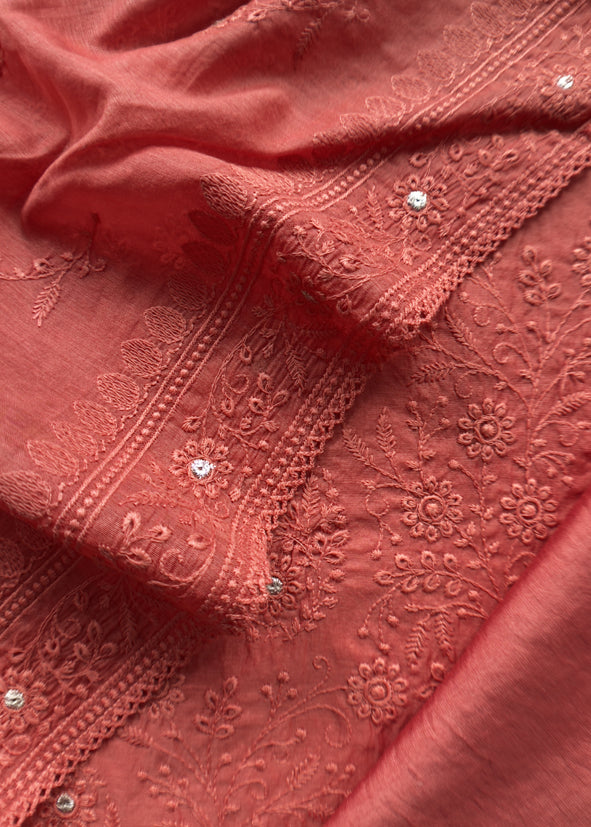 Desire Red Chikankari Embroidered Mul Cotton Unstitched Suit Fabric