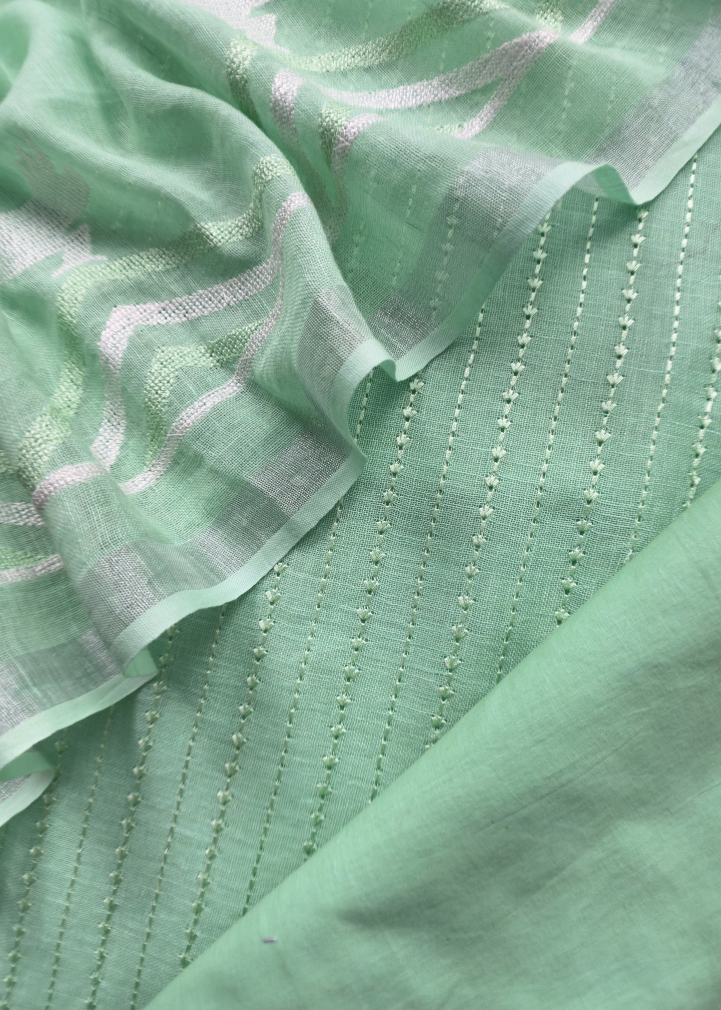 Green Kantha Embroidered Chidiya Unstitched Suit In Linen