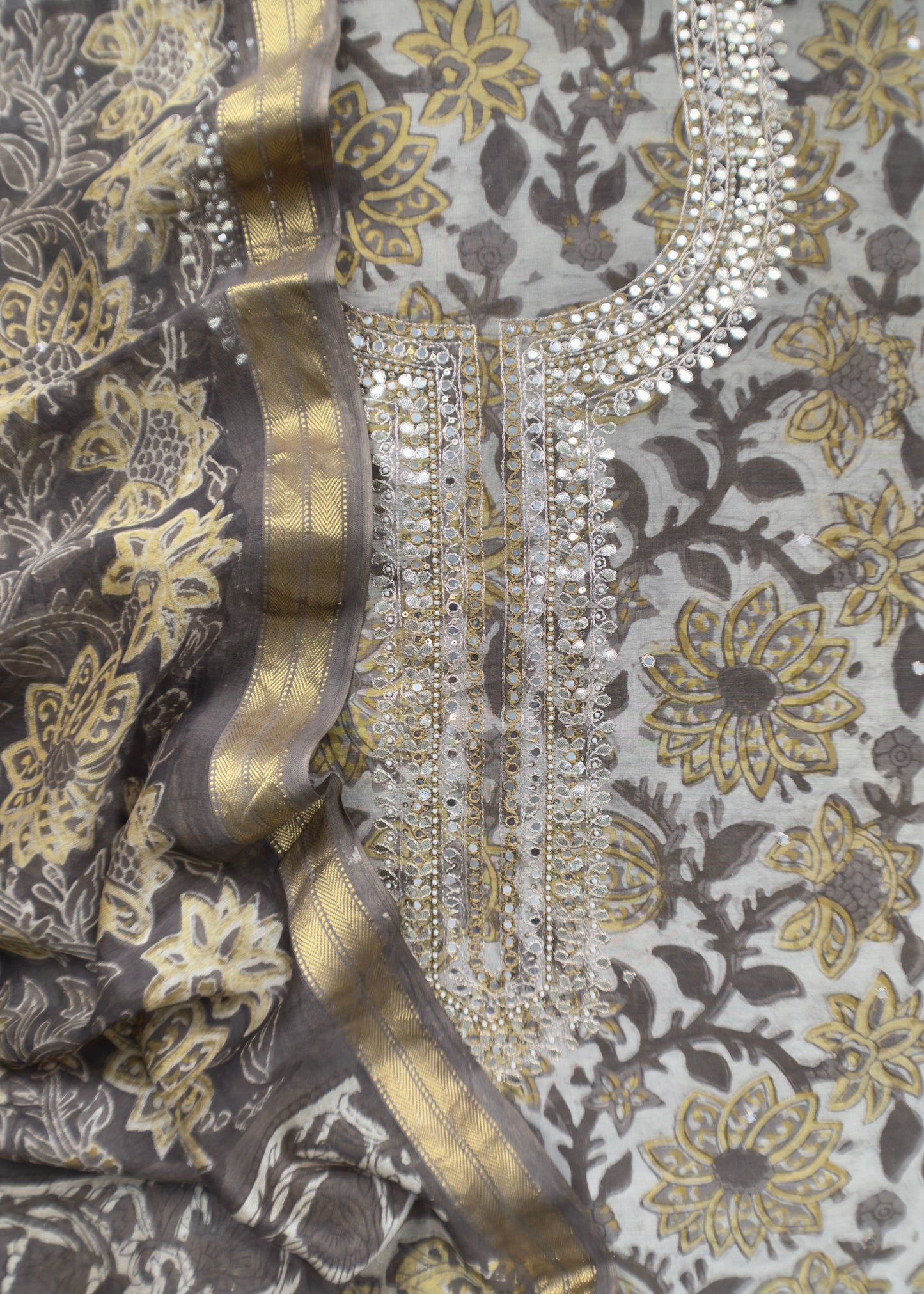 Sanganeri Block Printed Natural Dyed Ajrakh Suit In Chanderi