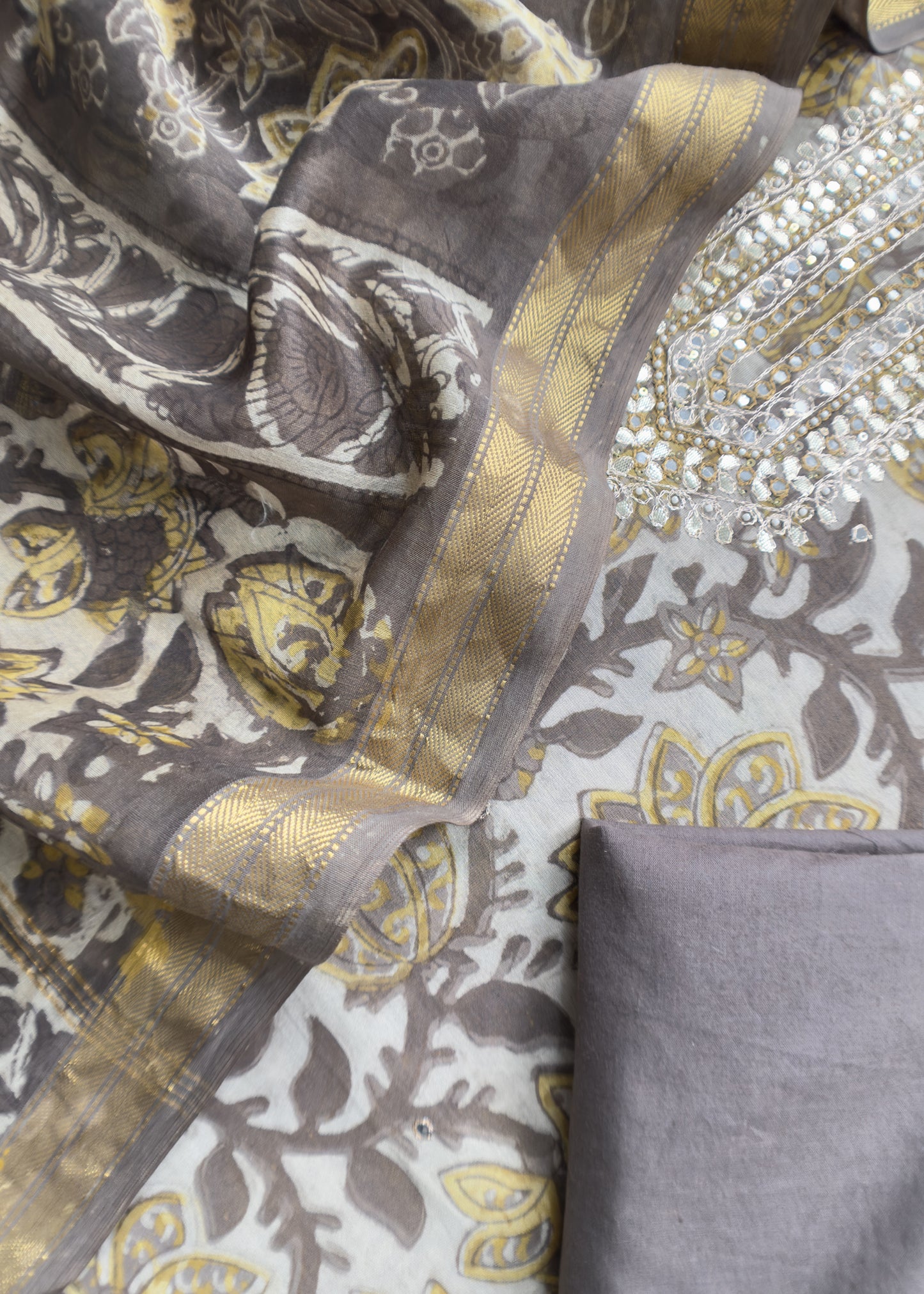 Sanganeri Block Printed Natural Dyed Ajrakh Suit In Chanderi