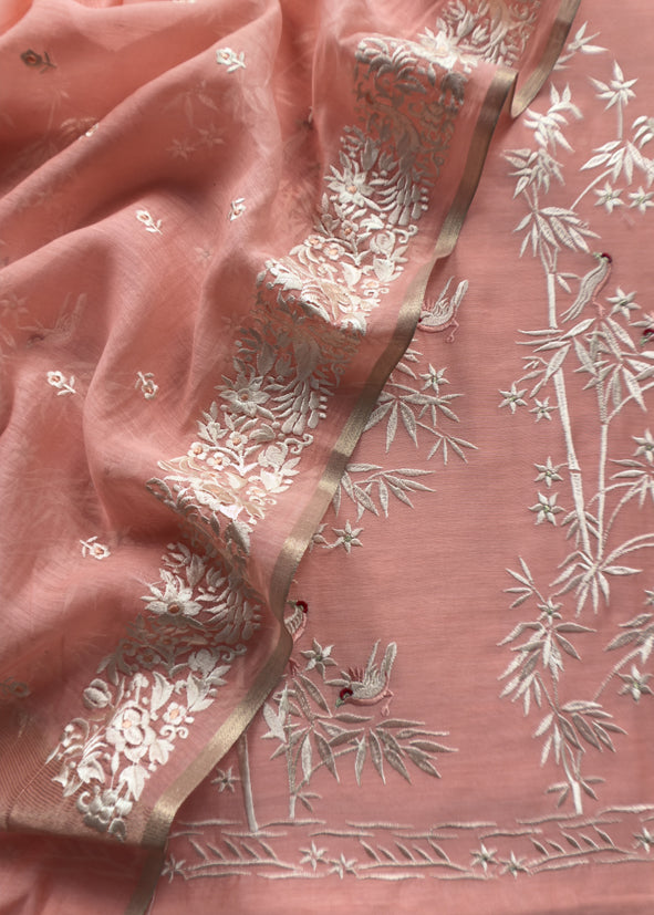 Salmon Pink Chidiya Embroidered Unstitched Suit In Pure Organza