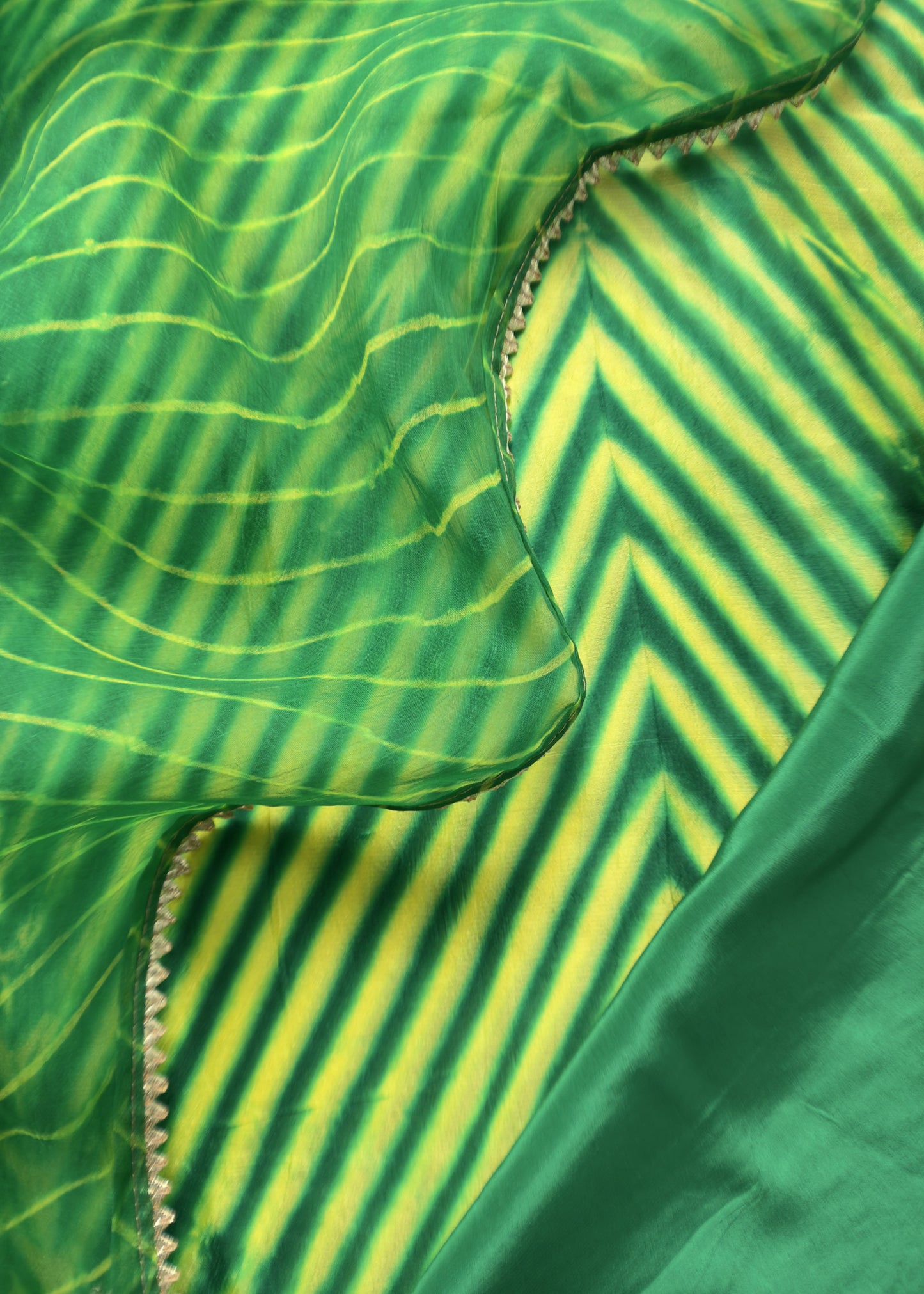 Festive Green Leheriya Upada Silk Suit With Organza Dupatta And Gotta Patti Handwork