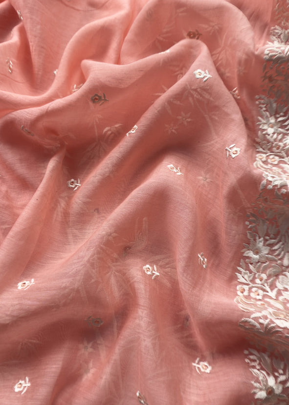 Salmon Pink Chidiya Embroidered Unstitched Suit In Pure Organza