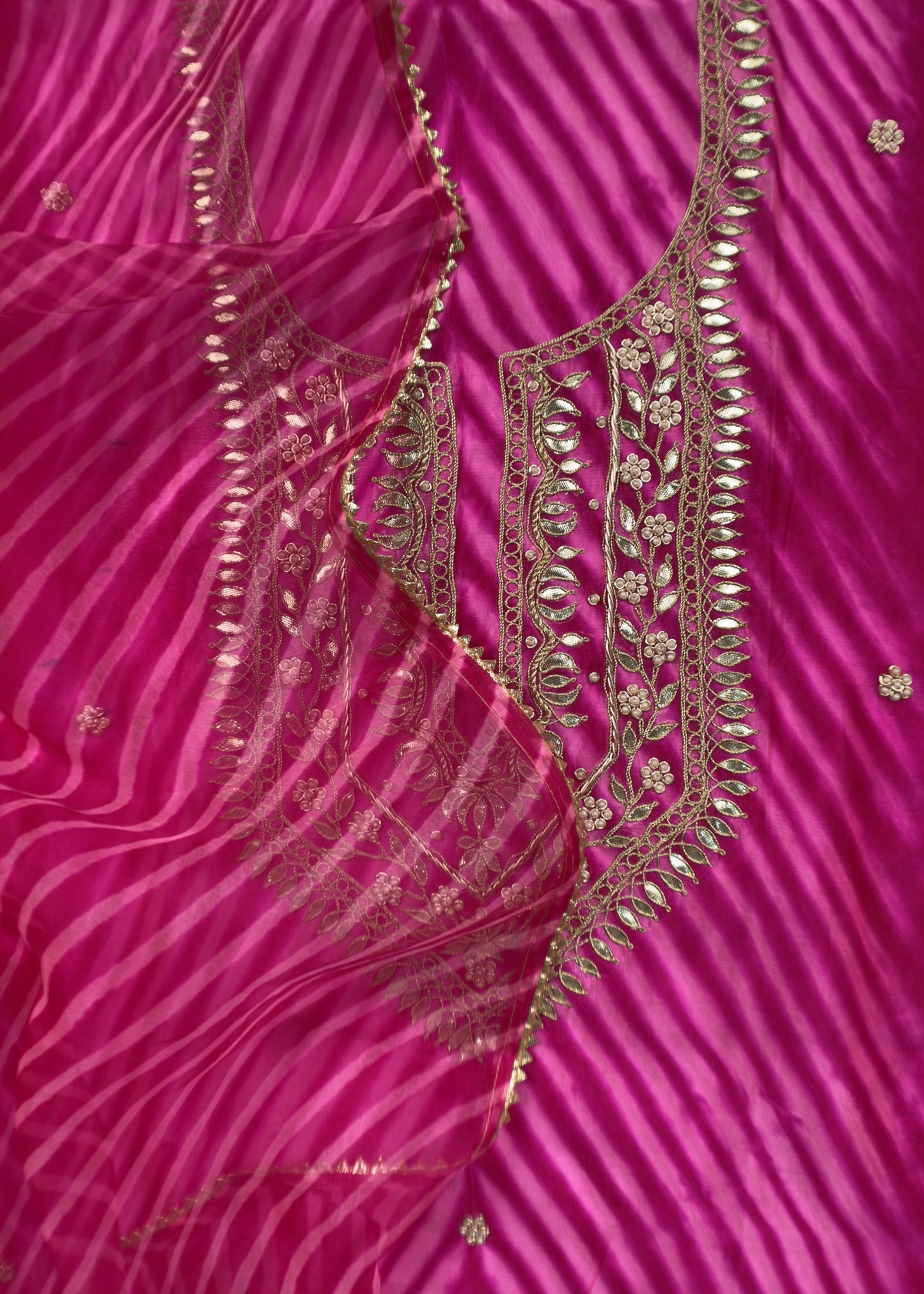 Rani Pink Leheriya Upada Silk Suit With Organza Dupatta And Gotta Patti Handwork