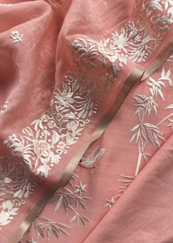 Salmon Pink Chidiya Embroidered Unstitched Suit In Pure Organza