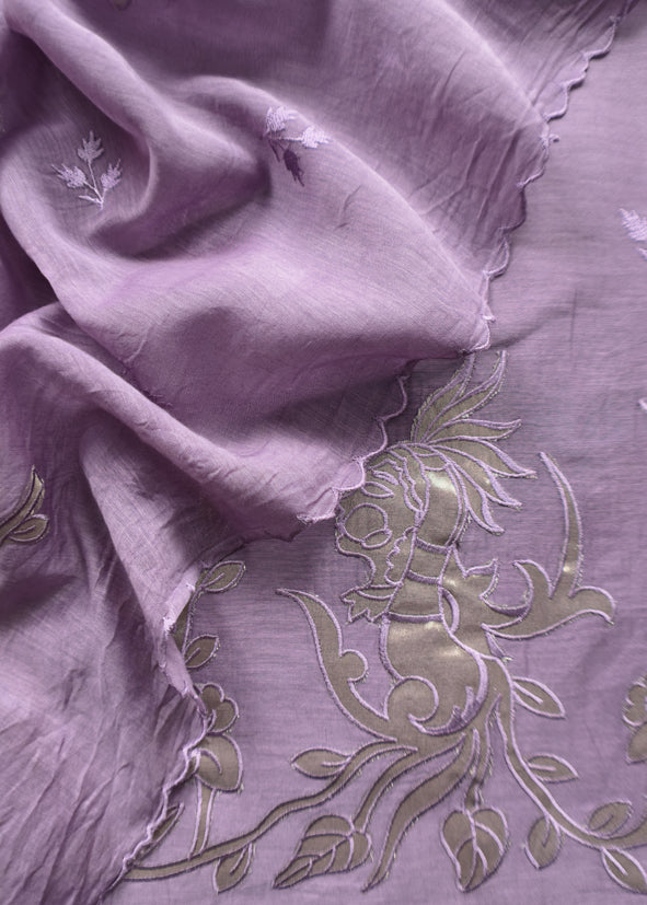 Mauve Pure Mul Chanderi Suit With Tissue Applique Work
