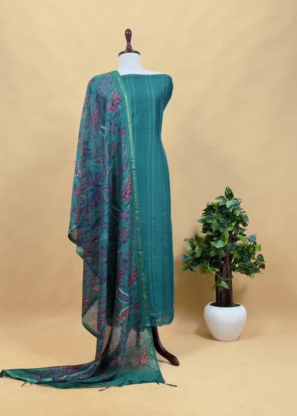 Yellow Maheshwari Silk Suit Fabric With Floral Dupatta And Kantha Stitch Hand Embroidery