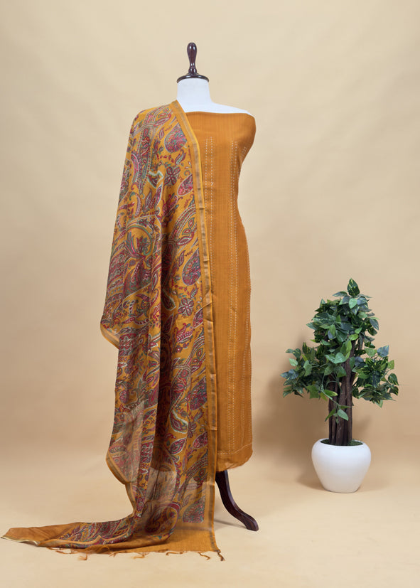 Teal Blue Maheshwari Silk Suit Fabric With Floral Dupatta And Kantha Stitch Hand Embroidery