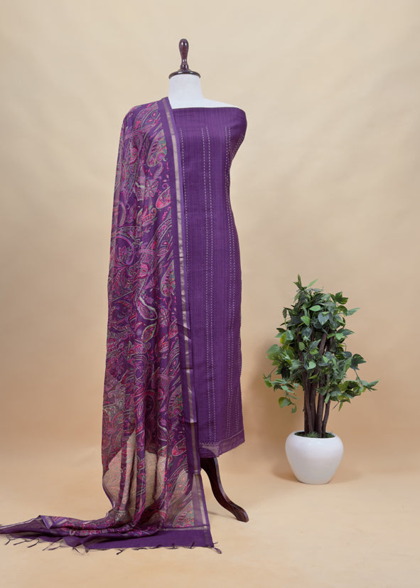 Teal Blue Maheshwari Silk Suit Fabric With Floral Dupatta And Kantha Stitch Hand Embroidery