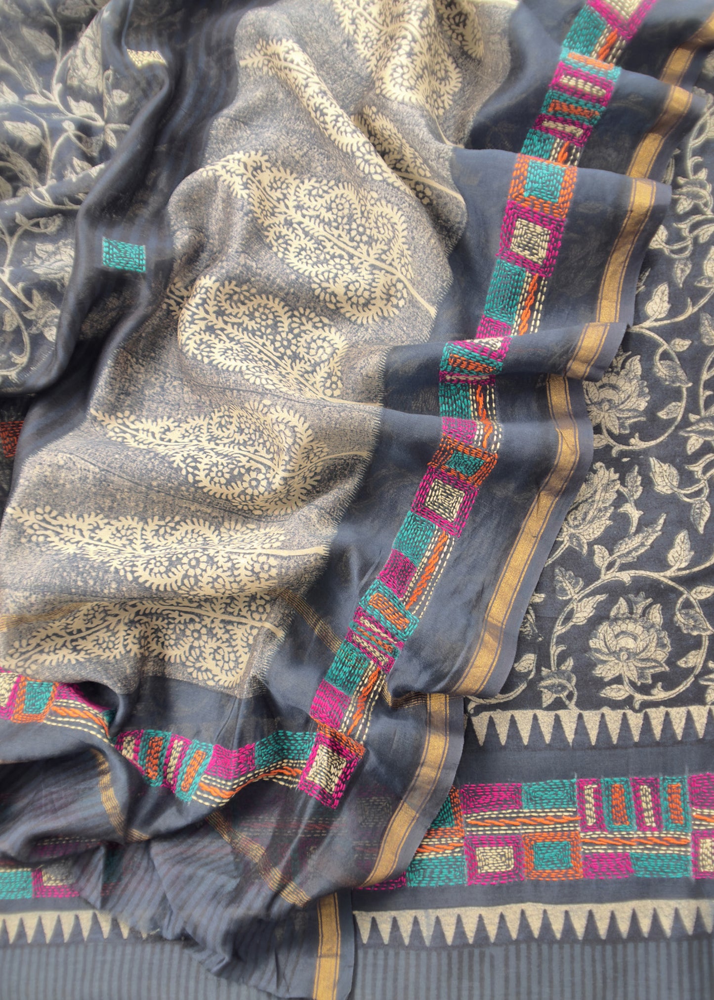 Blue Block Print Handloom Maheshwari Silk Unstitched Dupatta-Suit With Kantha Embroidery
