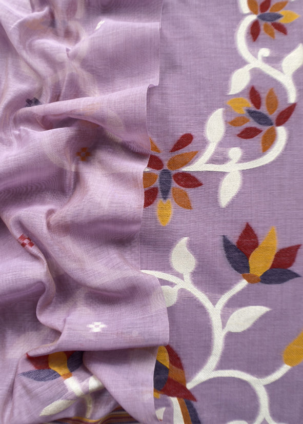 Dark Lavender Chidiya Jamdani Suit in Linen Chanderi Fabric