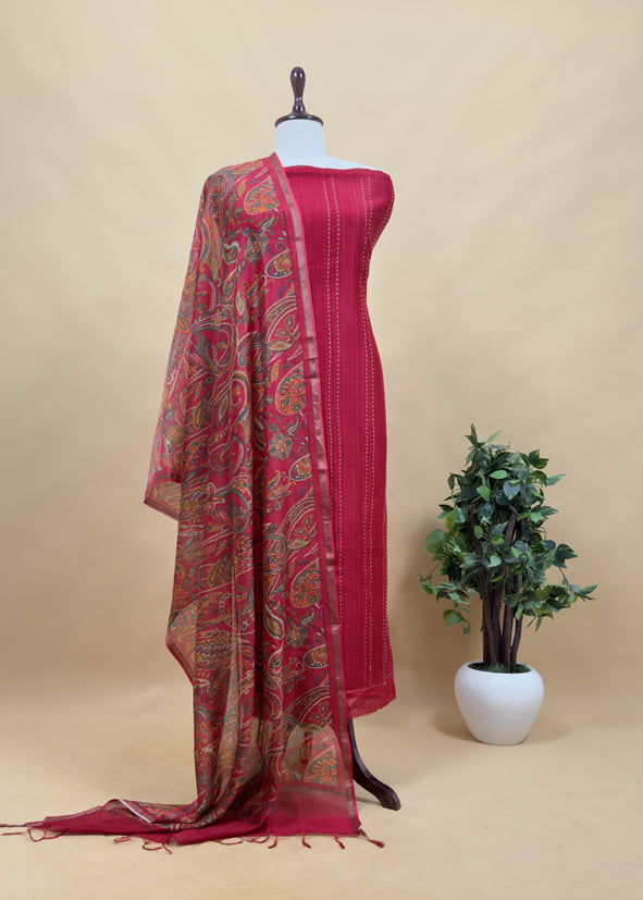 Teal Blue Maheshwari Silk Suit Fabric With Floral Dupatta And Kantha Stitch Hand Embroidery