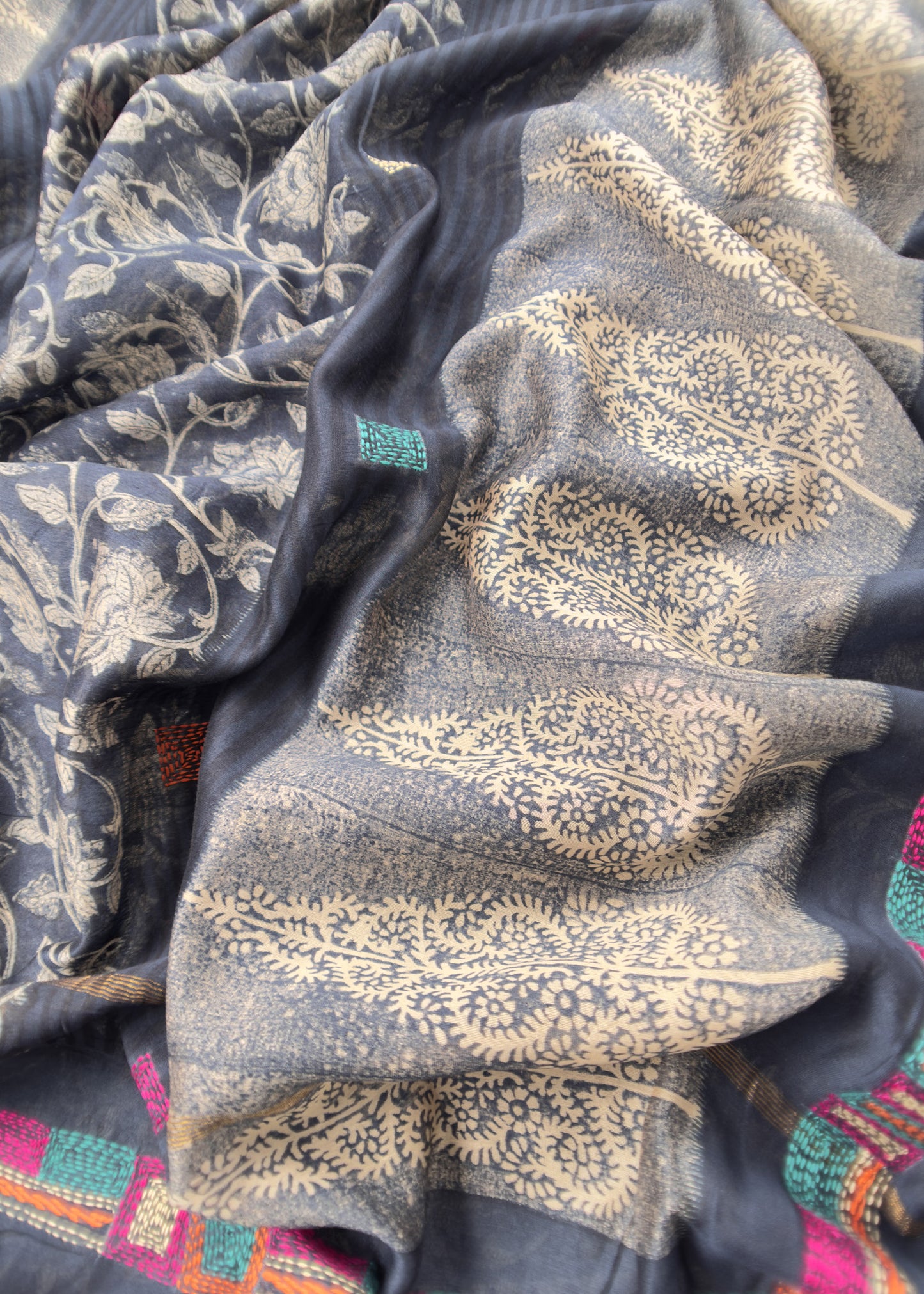 Blue Block Print Handloom Maheshwari Silk Unstitched Dupatta-Suit With Kantha Embroidery